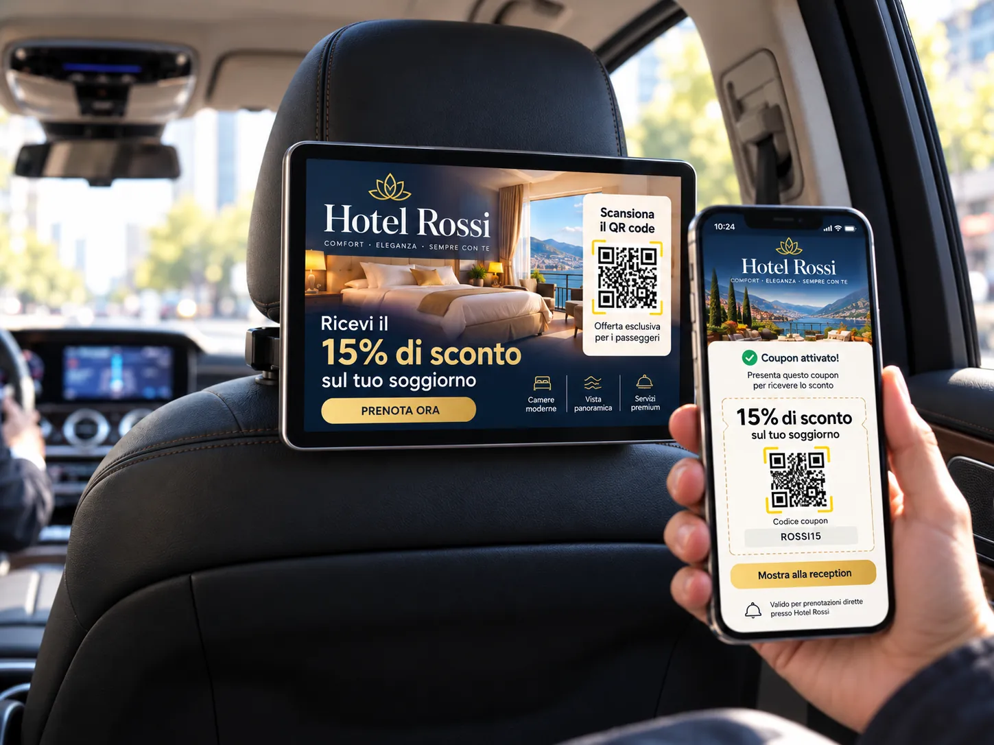 Esempio illustrativo di pubblicità Hotel Rossi nel taxi: il passeggero inquadra il QR e visualizza un coupon sul proprio smartphone