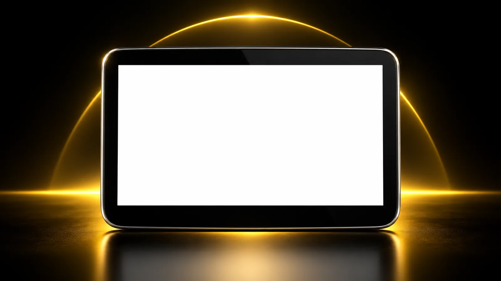 Vista frontale del tablet nero con display bianco su sfondo nero e alone giallo