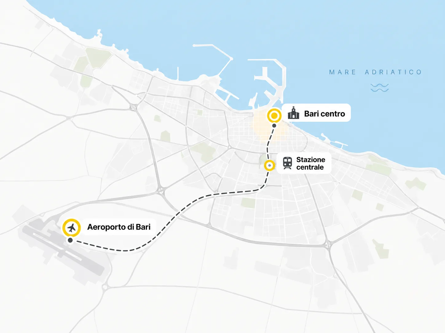 Mappa illustrativa di Bari con aeroporto, stazione centrale e centro città